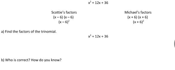 x' + 12x + 36
Scottie's factors
(x - 6) (x- 6)
(x- 6)
Michael's factors
(x + 6) (x + 6)
(x+ 6)
a) Find the factors of the trinomial.
x + 12x + 36
b) Who is correct? How do you know?
