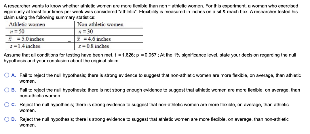 A researcher wants to know whether athletic women are more flexible than non - athletic women. For this experiment, a woman who exercised
vigorously at least four times per week was considered "athletic". Flexibility is measured in inches on a sit & reach box. A researcher tested his
claim using the following summary statistics:
Athletic women
Non-athletic women
n = 50
* = 5.0 inches
s=1.4 inches
n = 30
x = 4.6 inches
s= 0.8 inches
Assume that all conditions for testing have been met. t = 1.626; p = 0.057 ; At the 1% significance level, state your decision regarding the null
hypothesis and your conclusion about the original claim.
O A. Fail to reject the null hypothesis; there is strong evidence to suggest that non-athletic women are more flexible, on average, than athletic
women.
O B. Fail to reject the null hypothesis; there is not strong enough evidence to suggest that athletic women are more flexible, on average, than
non-athletic women.
O C. Reject the null hypothesis; there is strong evidence to suggest that non-athletic women are more flexible, on average, than athletic
women.
O D. Reject the null hypothesis; there is strong evidence to suggest that athletic women are more flexible, on average, than non-athletic
women.
