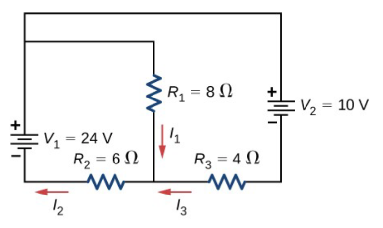 : V = 24 V
2
R2 = 6 2
M
R = 8 2
1₁
台
Rg = 4 2
W
北
V2 = 10 V