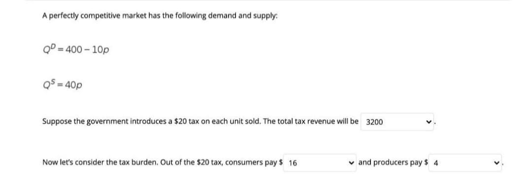 A perfectly competitive market has the following demand and supply:
QD = 400 – 10p
Q5 = 40p
Suppose the government introduces a $20 tax on each unit sold. The total tax revenue will be 3200
Now let's consider the tax burden. Out of the $20 tax, consumers pay $ 16
v and producers pay $ 4
