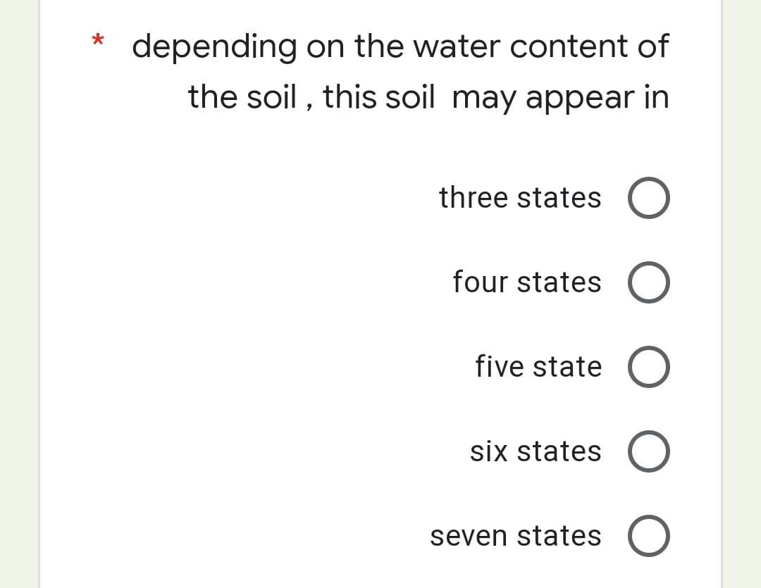 *
depending on the water content of
the soil, this soil may appear in
three states O
four states O
five state O
six states O
seven states O