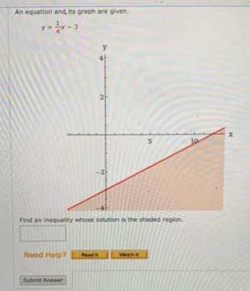 An equation and, its graph are given,
Find an inequalty whose satution is the shaded region.
Need Help?
Sutmt Aewr
