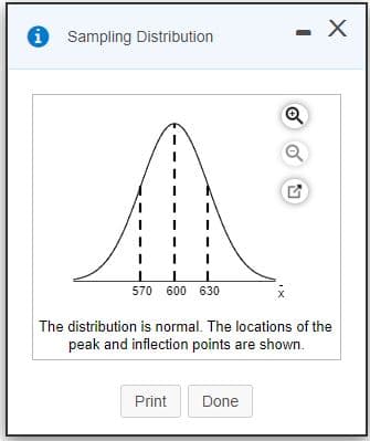 i Sampling Distribution
- X
570 600 630
The distribution is normal. The locations of the
peak and inflection points are shown.
Print
Done
