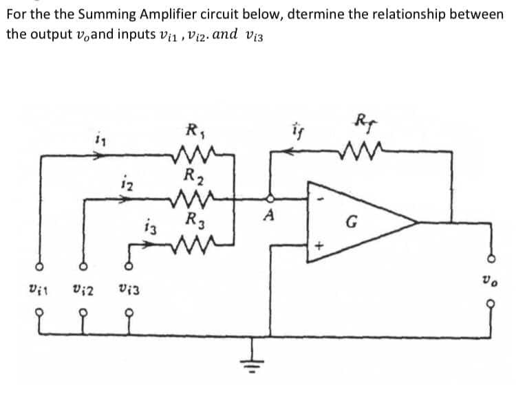 For the the Summing Amplifier circuit below, dtermine the relationship between
the output voand inputs vi1, Viz2. and vi3
R,
Ry
iz
R2
i3
R3
G
Vit
V;2
vi3
