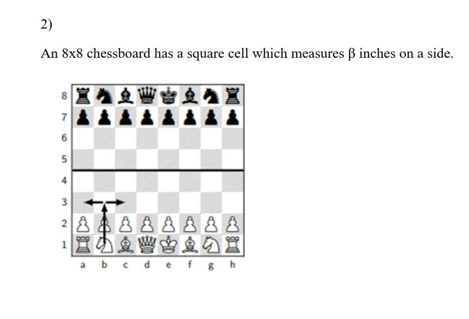 2)
An 8x8 chessboard has a square cell which measures f inches on a side.
8 罵豆
7 &&&&&
6
5
3
28 8 88888
1 置 A灣鸟鱼買
a b c defgh