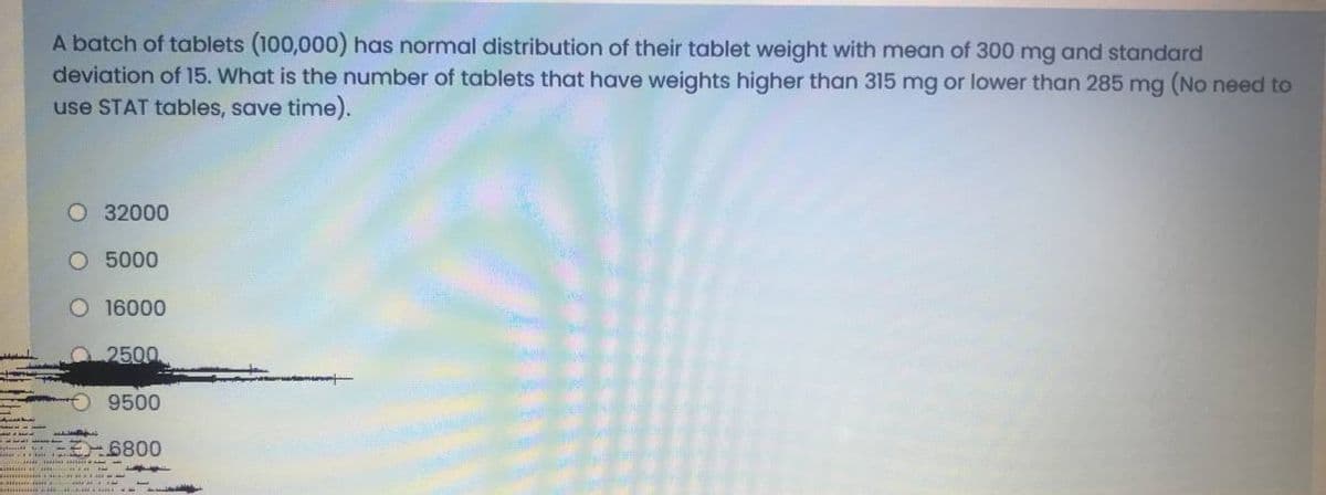 A batch of tablets (100,000) has normal distribution of their tablet weight with mean of 300 mg and standard
deviation of 15. What is the number of tablets that have weights higher than 315 mg or lower than 285 mg (No need to
use STAT tables, save time).
O 32000
O 5000
O 16000
2500
9500
6800
