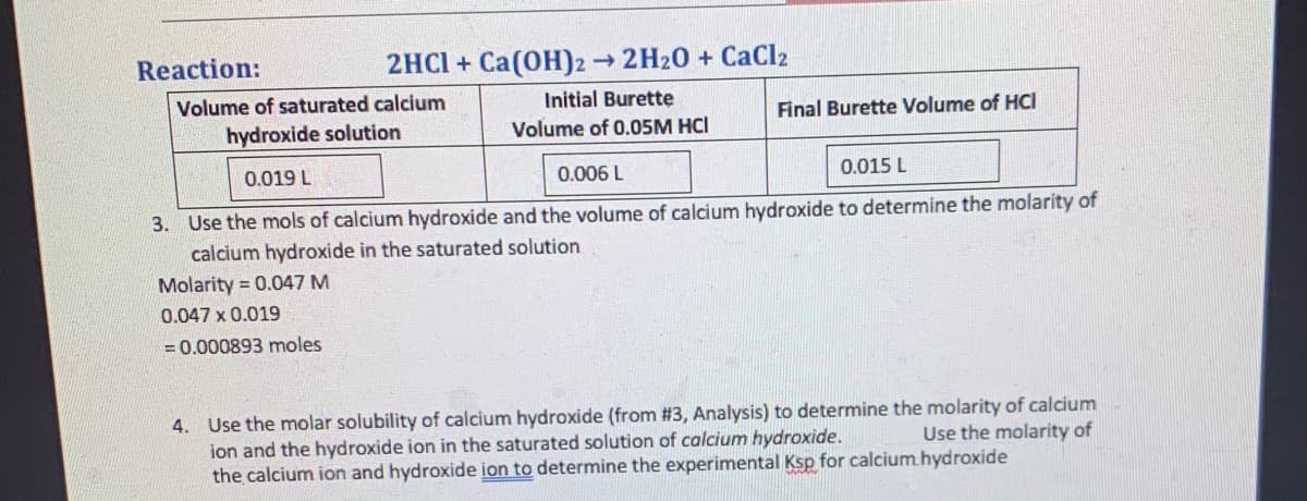 Reaction:
2HCI + Ca(OH)2 →2H20 + CaCl2
Volume of saturated calcium
Initial Burette
Final Burette Volume of HCI
hydroxide solution
Volume of 0.05M HCI
0.019 L
0.006 L
0.015 L
3. Use the mols of calcium hydroxide and the volume of calcium hydroxide to determine the molarity of
calcium hydroxide in the saturated solution
Molarity = 0.047 M
0.047 x 0.019
= 0.000893 moles
4. Use the molar solubility of calcium hydroxide (from #3, Analysis) to determine the molarity of calcium
ion and the hydroxide ion in the saturated solution of calcium hydroxide.
the calcium ion and hydroxide ion to determine the experimental Ksp for calcium.hydroxide
Use the molarity of
