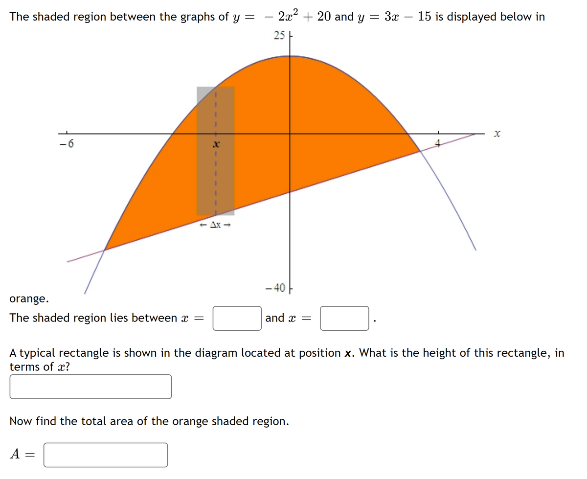 The shaded region between the graphs of
2x + 20 and y = 3x – 15 is displayed below in
-
-
25 F
-6
+ Ax -
- 40 F
orange.
The shaded region lies between x =
and x =
A typical rectangle is shown in the diagram located at position x. What is the height of this rectangle, in
terms of x?
Now find the total area of the orange shaded region.
A
