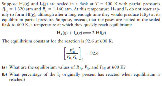 Suppose H2(g) and I(g) are sealed in a flask at T = 400 K with partial pressures
PH, = 1.320 atm and R, = 1.140 atm. At this temperature H, and I, do not react rap-
idly to form HI(g), although after a long enough time they would produce HI(g) at its
equilibrium partial pressure. Suppose, instead, that the gases are heated in the sealed
flask to 600 K, a temperature at which they quickly reach equilibrium:
H2 (g) + I2(g)=2 HI(g)
The equilibrium constant for the reaction is 92.6 at 600 K:
P
PH, P,
= 92.6
(a) What are the equilibrium values of R1,, P., and PHI at 600 K?
(b) What percentage of the I, originally present has reacted when equilibrium is
reached?
