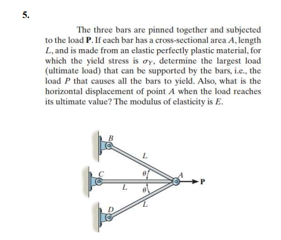 5.
The three bars are pinned together and subjected
to the load P. If each bar has a cross-sectional area A, length
L, and is made from an elastic perfectly plastic material, for
which the yield stress is oy, determine the largest load
(ultimate load) that can be supported by the bars, i.e., the
load P that causes all the bars to yield. Also, what is the
horizontal displacement of point A when the load reaches
its ultimate value? The modulus of elasticity is E.
