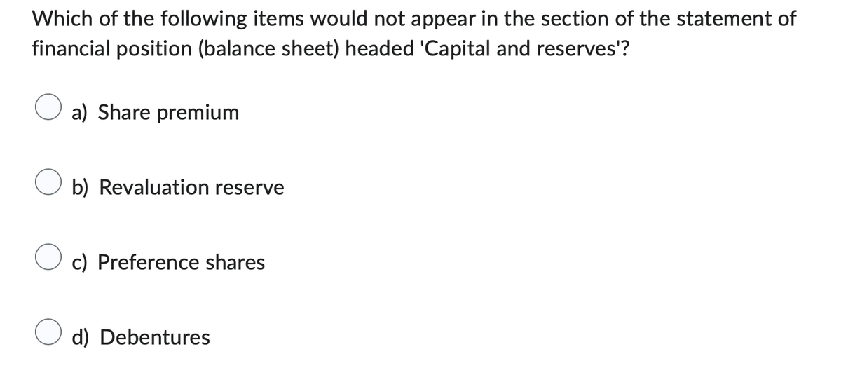 Which of the following items would not appear in the section of the statement of
financial position (balance sheet) headed 'Capital and reserves'?
a) Share premium
b) Revaluation reserve
c) Preference shares
d) Debentures