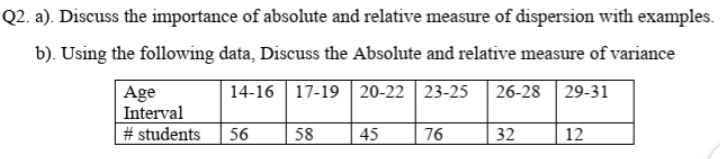 Q2. a). Discuss the importance of absolute and relative measure of dispersion with examples.
b). Using the following data, Discuss the Absolute and relative measure of variance
14-16 | 17-19 | 20-22 | 23-25
26-28 | 29-31
Age
Interval
# students
56
58
45
76
32
12
