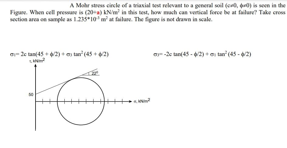 A Mohr stress circle of a triaxial test relevant to a general soil (c#0, #0) is seen in the
Figure. When cell pressure is (20+a) kN/m² in this test, how much can vertical force be at failure? Take cross
section area on sample as 1.235*10-³ m² at failure. The figure is not drawn in scale.
0₁= 2c tan(45+ $/2) + 03 tan² (45 + 6/2)
t, kN/m²
220
TO
50
o, kN/m²
03-2c tan(45 - $/2) + 0₁ tan² (45-4/2)