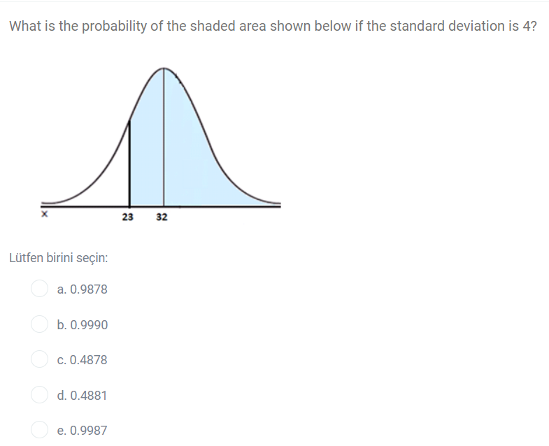 What is the probability of the shaded area shown below if the standard deviation is 4?
23
32
Lütfen birini seçin:
a. 0.9878
b. 0.9990
c. 0.4878
d. 0.4881
e. 0.9987
