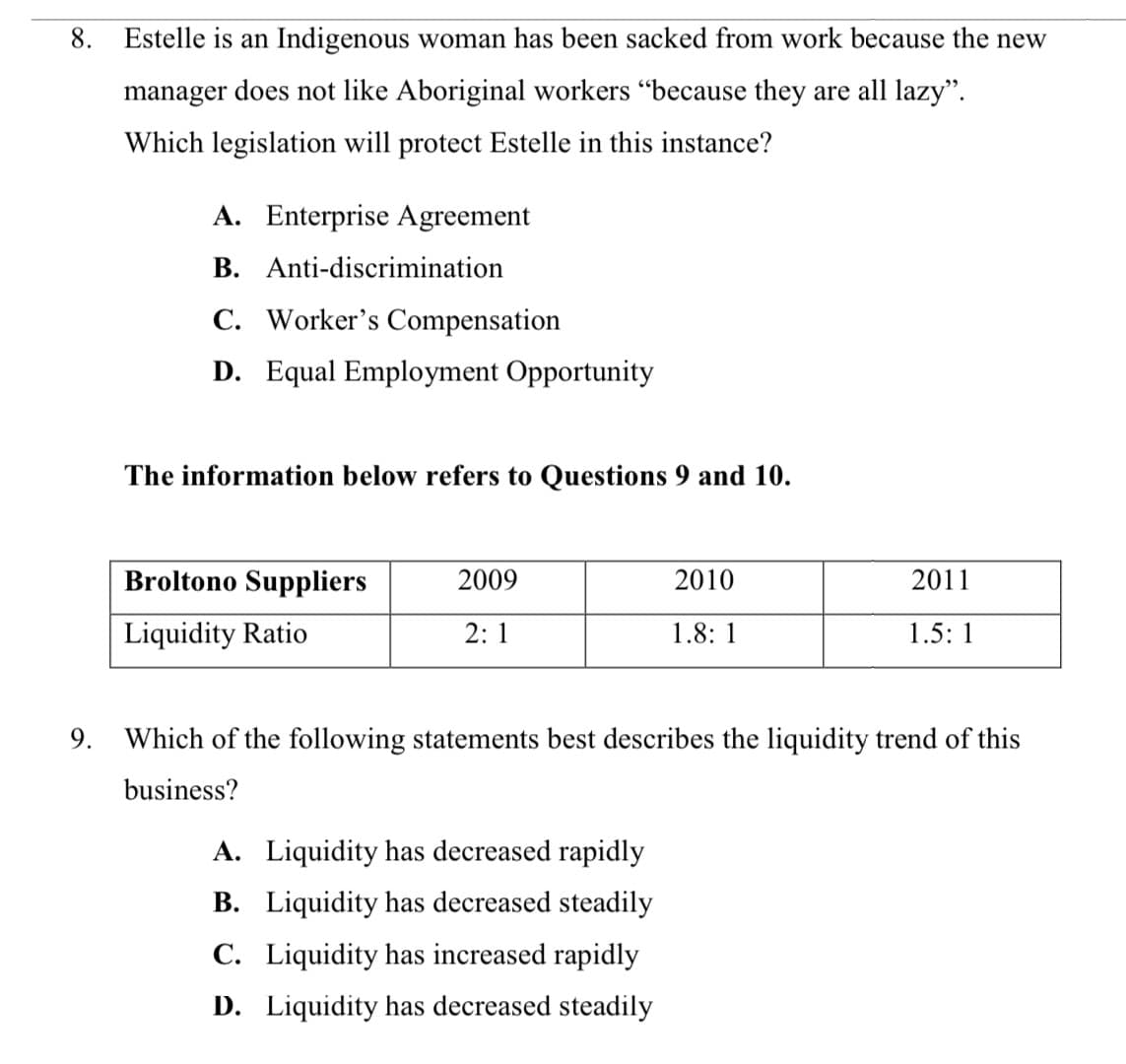 8. Estelle is an Indigenous woman has been sacked from work because the new
manager does not like Aboriginal workers “because they are all lazy".
Which legislation will protect Estelle in this instance?
A. Enterprise Agreement
B. Anti-discrimination
C. Worker's Compensation
D. Equal Employment Opportunity
The information below refers to Questions 9 and 10.
Broltono Suppliers
2009
2010
2011
Liquidity Ratio
2: 1
1.8: 1
1.5: 1
9. Which of the following statements best describes the liquidity trend of this
business?
A. Liquidity has decreased rapidly
B. Liquidity has decreased steadily
C. Liquidity has increased rapidly
D. Liquidity has decreased steadily
