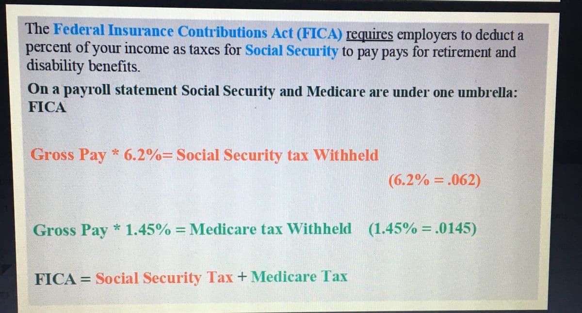 The Federal Insurance Contributions Act (FICA) requires employers to deduct a
percent of your income as taxes for Social Security to pay pays for retirement and
disability benefits.
On a payroll statement Social Security and Medicare are under one umbrella:
FICA
Gross Pay * 6.2%= Social Security tax Withheld
(6.2% = .062)
nts
Gross Pay * 1.45% = Medicare tax Withheld (1.45% = .0145)
FICA = Social Security Tax + Medicare Tax
