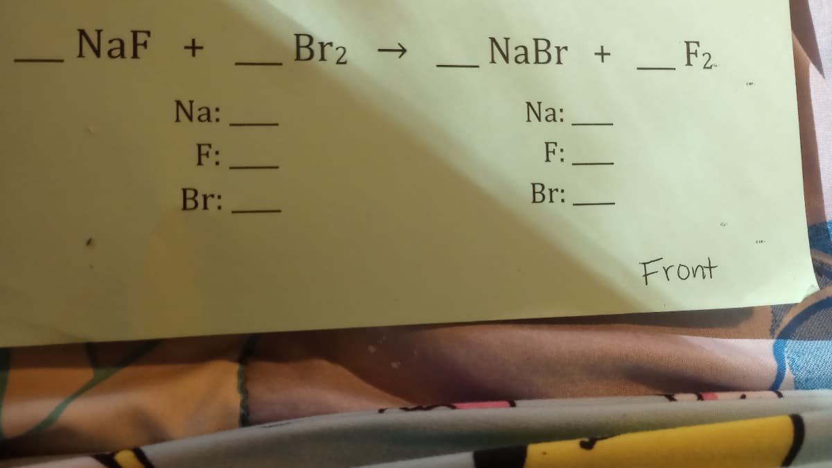 NaF +
-
Na:
F:
Br:
Br2 → _ NaBr + _ F2
Na:
F: _
Br:
Front