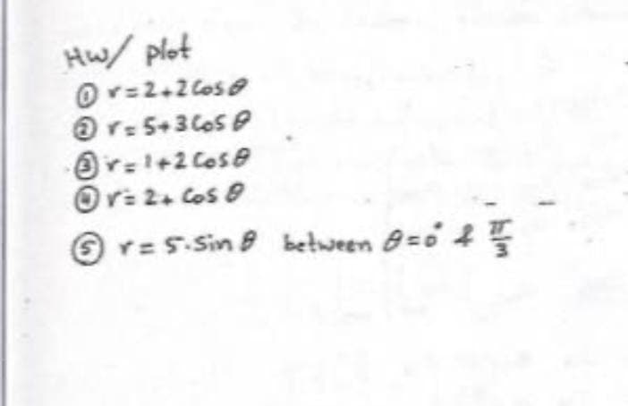 Hw/ plot
Or=2+2 lose
O r: 5+3 Cos e
Or=1+2 Cose
Or: 2. Cos e
O r= 5-Sin B between 8=04
