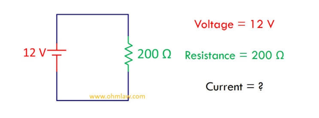 Voltage = 12 V
12 V-
200 Q Resistance = 200 Q
Current = ?
%3D
www.ohmlaw.com
