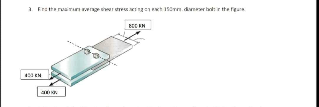 3. Find the maximum average shear stress acting on each 150mm, diameter bolt in the figure.
800 KN
400 KN
400 KN