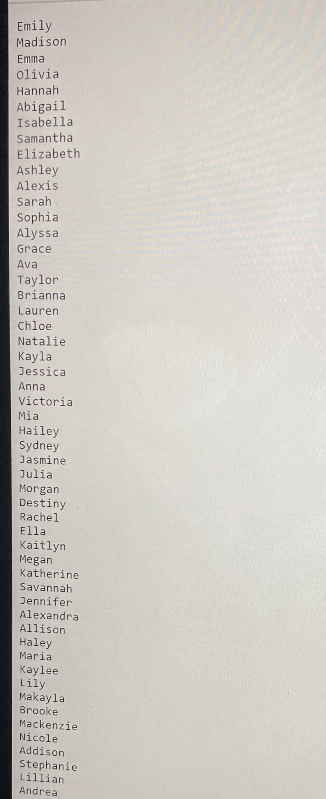 Emily
Madison
Emma
olivia
Hannah
Abigail
Isabella
Samantha
Elizabeth
Ashley
Alexis
Sarah
Sophia
Alyssa
Grace
Ava
Taylor
Brianna
Lauren
Chloe
Natalie
Kayla
Jessica
Anna
Victoria
Mia
Hailey
Sydney
Jasmine
Julia
Morgan
Destiny
Rachel
Ella
Kaitlyn
Megan
Katherine
Savannah
Jennifer
Alexandra
Allison
Haley
Maria
Kaylee
Lily
Makayla
Brooke
Mackenzie
Nicole
Addison
Stephanie
Lillian
Andrea