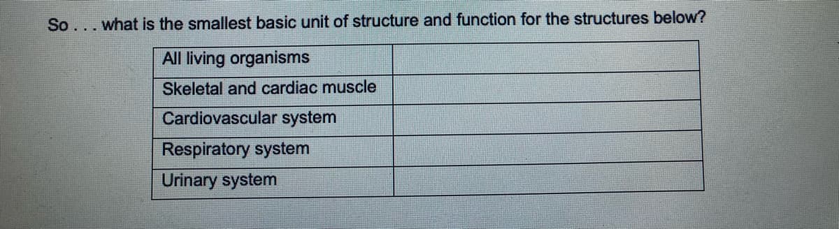 So... what is the smallest basic unit of structure and function for the structures below?
All living organisms
Skeletal and cardiac muscle
Cardiovascular system
Respiratory system
Urinary system