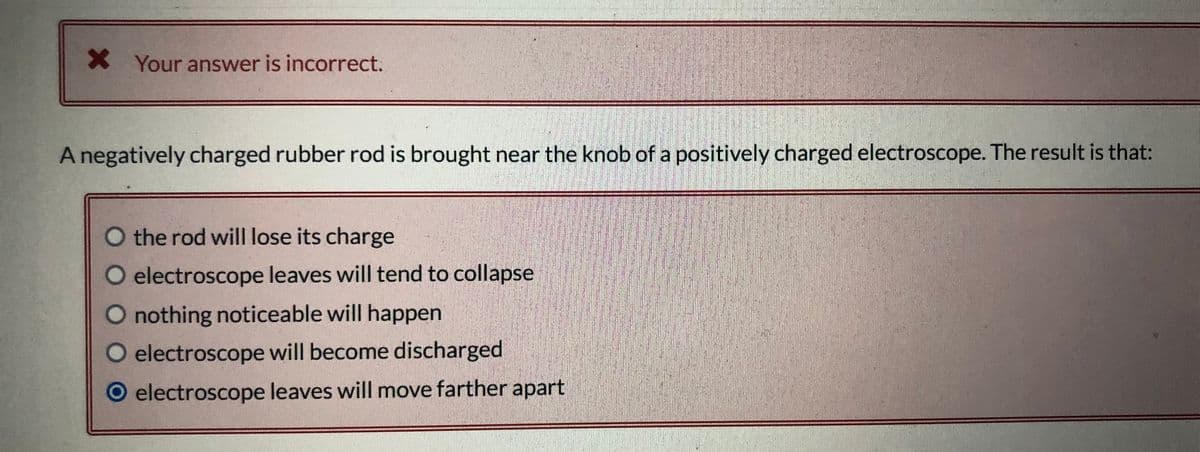 X Your answer is incorrect.
A negatively charged rubber rod is brought near the knob of a positively charged electroscope. The result is that:
O the rod will lose its charge
O electroscope leaves will tend to collapse
O nothing noticeable will happen
O electroscope will become discharged
O electroscope leaves will move farther apart
