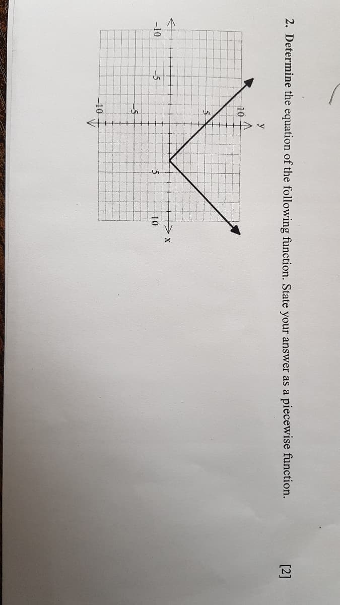 2. Determine the equation of the following function. State your answer as a piecewise function.
[2]
y
10
-10
10
-5
-10
