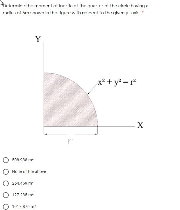 Determine the moment of Inertia of the quarter of the circle having a
radius of óm shown in the figure with respect to the given y- axis. *
Y
x² + y? = r²
X
508.938 m*
None of the above
254.469 m*
O 127.235 m
1017.876 m*
