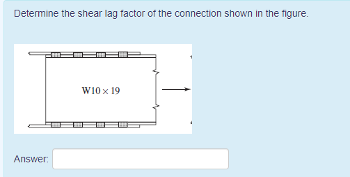 Determine the shear lag factor of the connection shown in the figure.
W10 x 19
Answer:
