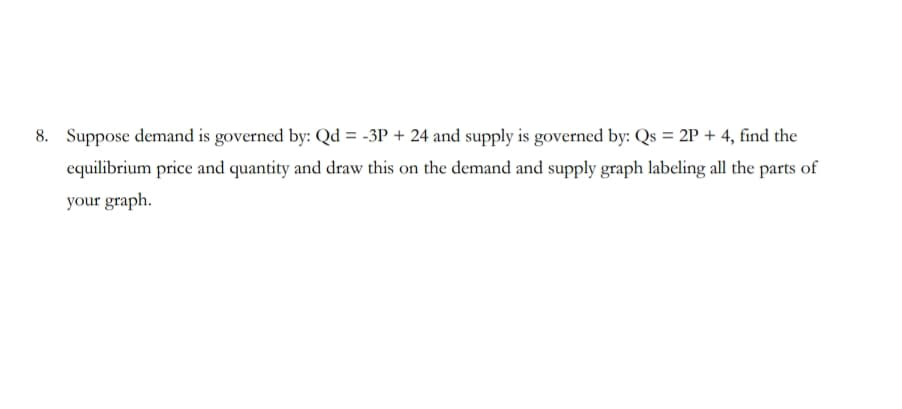 Suppose demand is governed by: Qd -3P 24 and supply is governed by: Qs 2P 4, find the
8.
equilibrium price and quantity and draw this on the demand and supply graph labeling all the parts of
your graph

