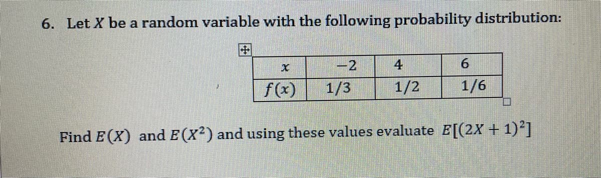 6. Let X be a random variable with the following probability distribution:
-2
4
6.
f (x)
1/3
1/2
1/6
Find E (X) and E (X²) and using these values evaluate E[(2X + 1)']
