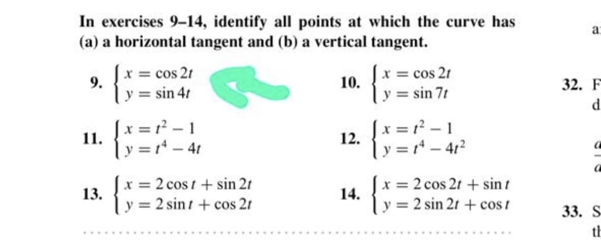 In exercises 9-14, identify all points at which the curve has
(a) a horizontal tangent and (b) a vertical tangent.
a
x = cos 21
x = cos 2t
sin 4t
9.
10.
32. F
y = sin 7t
%3D
d.
[x = 1² – 1
|x = t? – 1
%3D
11.
12.
y = 1* - 41
y = r - 412
x = 2 cos t + sin 2t
13.
Jx = 2 cos 2t + sin t
14.
%3D
y = 2 sint + cos 2t
y = 2 sin 2t + cost
%3D
%3D
33. S
th
