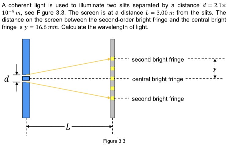 A coherent light is used to illuminate two slits separated by a distance d = 2.1x
10-4 m, see Figure 3.3. The screen is at a distance L = 3.00 m from the slits. The
distance on the screen between the second-order bright fringe and the central bright
fringe is y = 16.6 mm. Calculate the wavelength of light.
second bright fringe
d
central bright fringe
second bright fringe
-
Figure 3.3

