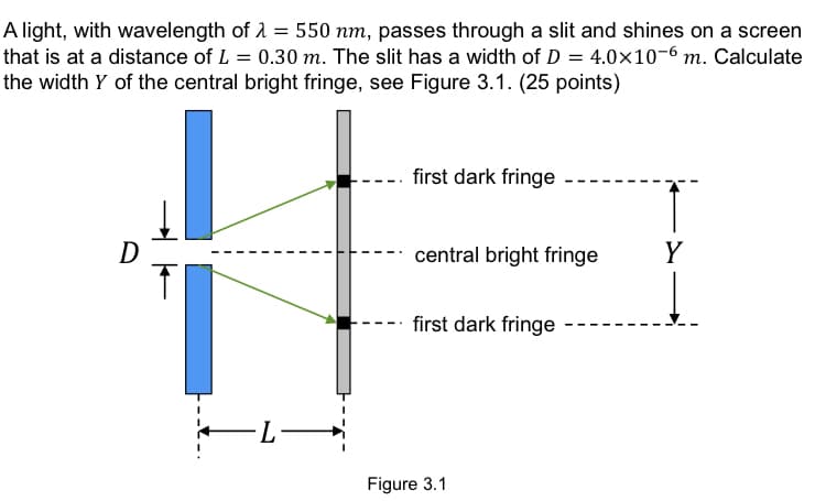 A light, with wavelength of 2 = 550 nm, passes through a slit and shines on a screen
that is at a distance of L = 0.30 m. The slit has a width of D = 4.0×10-6 m. Calculate
the width Y of the central bright fringe, see Figure 3.1. (25 points)
first dark fringe
D
central bright fringe
Y
first dark fringe
-L-
Figure 3.1
