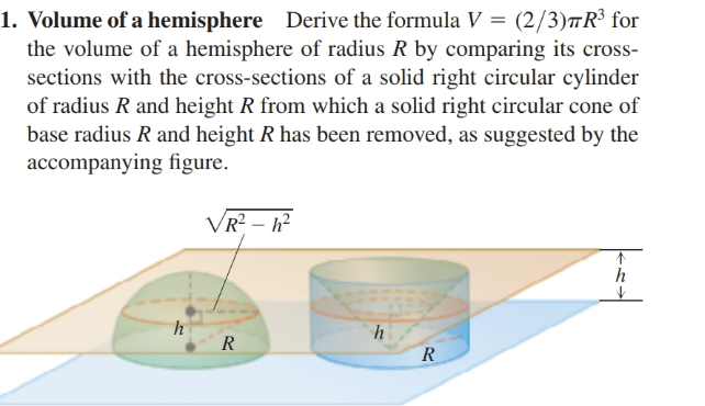 1. Volume of a hemisphere Derive the formula V = (2/3)™R³ for
the volume of a hemisphere of radius R by comparing its cross-
sections with the cross-sections of a solid right circular cylinder
of radius R and height R from which a solid right circular cone of
base radius R and height R has been removed, as suggested by the
accompanying figure.
VR? – h?
R
