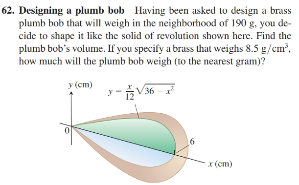 62. Designing a plumb bob Having been asked to design a brass
plumb bob that will weigh in the neighborhood of 190 g, you de-
cide to shape it like the solid of revolution shown here. Find the
plumb bob's volume. If you specify a brass that weighs 8.5 g/cm³,
how much will the plumb bob weigh (to the nearest gram)?
у (ст)
y = V36 – x?
12
91
х (ст)
