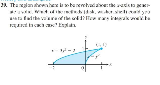 39. The region shown here is to be revolved about the x-axis to gener-
ate a solid. Which of the methods (disk, washer, shell) could you
use to find the volume of the solid? How many integrals would be
required in each case? Explain.
(1, 1)
x = 3y2 – 2
-2
