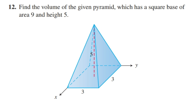 12. Find the volume of the given pyramid, which has a square base of
area 9 and height 5.
3
