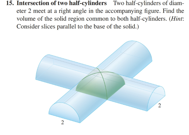 15. Intersection of two half-cylinders Two half-cylinders of diam-
eter 2 meet at a right angle in the accompanying figure. Find the
volume of the solid region common to both half-cylinders. (Hint:
Consider slices parallel to the base of the solid.)
2
