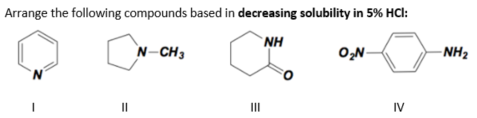Arrange the following compounds based in decreasing solubility in 5% HCl:
N-CH3
`NH
O,N-
-NH2
II
II
IV
