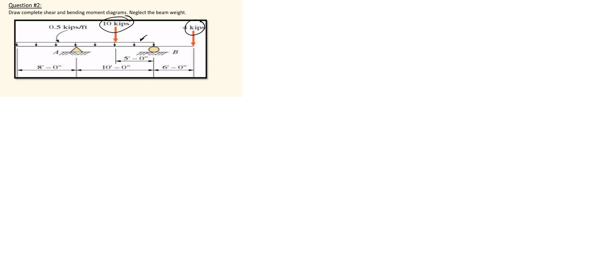 Question #2:
Draw complete shear and bending moment diagrams. Neglect the beam weight.
10 kips
0.5 kips/ft
kips
B
5' - O"
8'
O"
10'
6' - 0"
