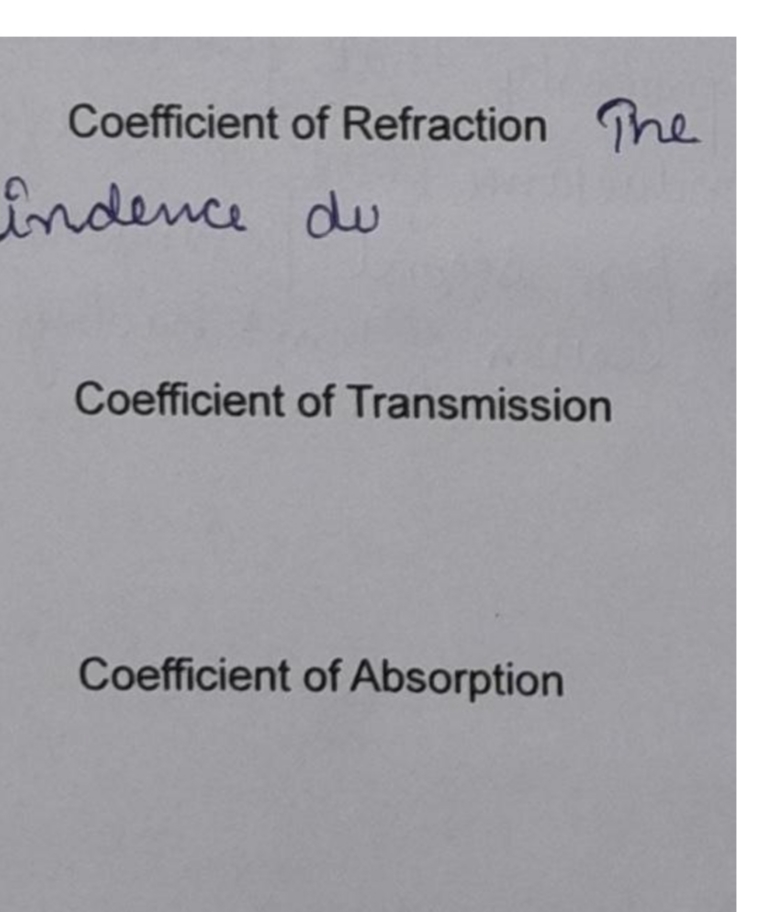 Coefficient of Refraction he
indence
du
Coefficient of Transmission
Coefficient of Absorption
