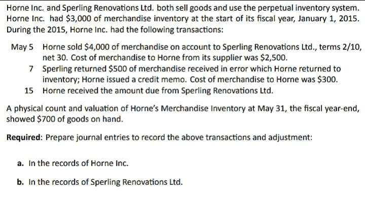 Horne Inc. and Sperling Renovations Ltd. both sell goods and use the perpetual inventory system.
Horne Inc. had $3,000 of merchandise inventory at the start of its fiscal year, January 1, 2015.
During the 2015, Horne Inc. had the following transactions:
May 5 Horne sold $4,000 of merchandise on account to Sperling Renovations Ltd., terms 2/10,
net 30. Cost of merchandise to Horne from its supplier was $2,500.
7 Sperling returned $500 of merchandise received in error which Horne returned to
inventory; Horne issued a credit memo. Cost of merchandise to Horne was $300.
15 Horne received the amount due from Sperling Renovations Ltd.
A physical count and valuation of Horne's Merchandise Inventory at May 31, the fiscal year-end,
showed $700 of goods on hand.
Required: Prepare journal entries to record the above transactions and adjustment:
a. In the records of Horne Inc.
b. In the records of Sperling Renovations Ltd.
