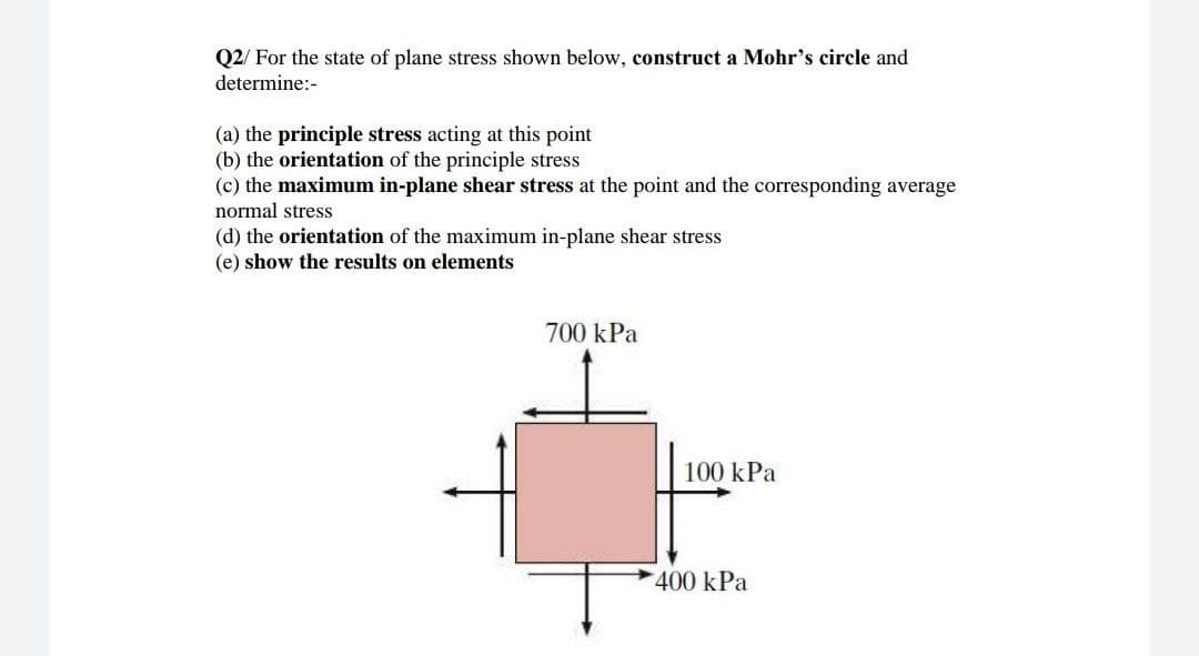 Q2/ For the state of plane stress shown below, construct a Mohr's circle and
determine:-
(a) the principle stress acting at this point
(b) the orientation of the principle stress
(c) the maximum in-plane shear stress at the point and the corresponding average
normal stress
(d) the orientation of the maximum in-plane shear stress
(e) show the results on elements
700 kPa
100 kPa
400 kPa