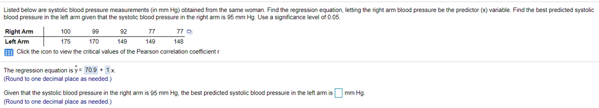 Listed below are systolic blood pressure measurements (in mm Hg) obtained from the same woman. Find the regression equation, letting the right arm blood pressure be the predictor (x) variable. Find the best predicted systolic
blood pressure in the left arm given that the systolic blood pressure in the right arm is 95 mm Hg. Use a significance level of 0.05.
Right Arm
100
99
92
77
77 O
Left Arm
175
170
149
149
148
E Click the icon to view the critical values of the Pearson correlation coefficient r
The regression equation is y= 70.9 + 1 x.
(Round to one decimal place as needed.)
Given that the systolic blood pressure in the right arm is 95 mm Hg, the best predicted systolic blood pressure in the left arm is
mm Hg.
(Round to one decimal place as needed.)
