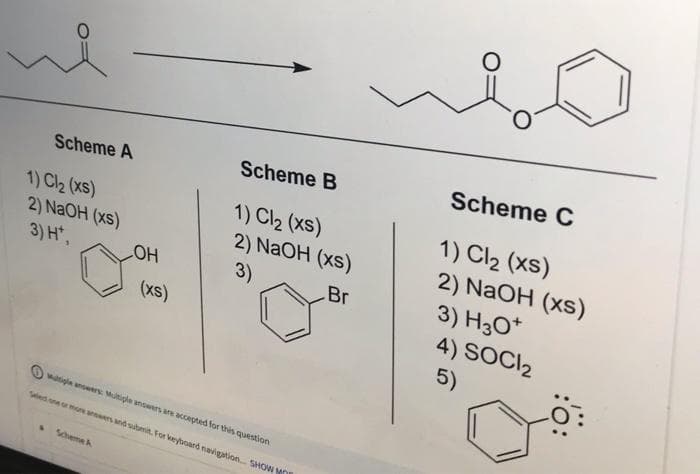 Scheme C
Scheme B
Scheme A
1) Cl2 (xS)
2) NaOH (xs)
3) H3O*
4) SOCI2
5)
1) Cl2 (xS)
2) N2OH (xs)
3) H.
1) Cl2 (xS)
2) NAOH (xs)
3)
HO
(xs)
Br
O watigin ansers Mutigle answers are accepted for this question
Sled one moe rs and smit. For keyboard navigation SHOW MO
Scheme
:ö:

