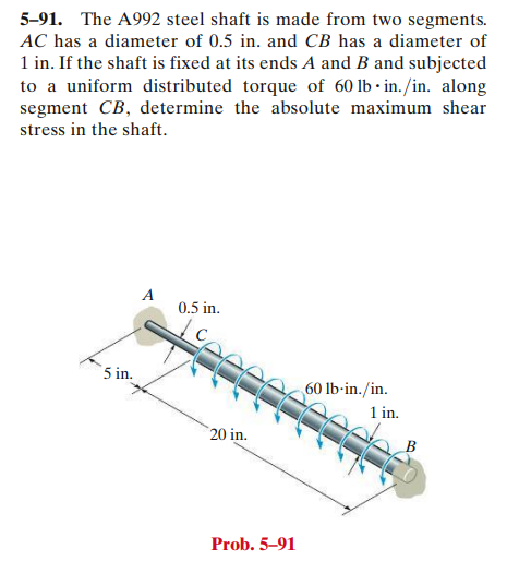 5-91. The A992 steel shaft is made from two segments.
AC has a diameter of 0.5 in. and CB has a diameter of
1 in. If the shaft is fixed at its ends A and B and subjected
to a uniform distributed torque of 60 lb in./in. along
segment CB, determine the absolute maximum shear
stress in the shaft.
5 in.
0.5 in.
20 in.
Prob. 5-91
60 lb-in./in.
1 in.
B