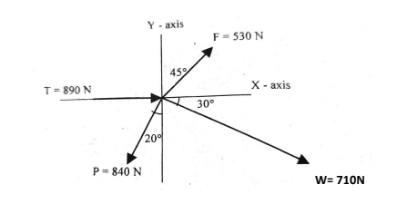 T = 890 N
P = 840 N
Yaxis
20%
45%
F = 530 N
30⁰
X-axis
W= 710N