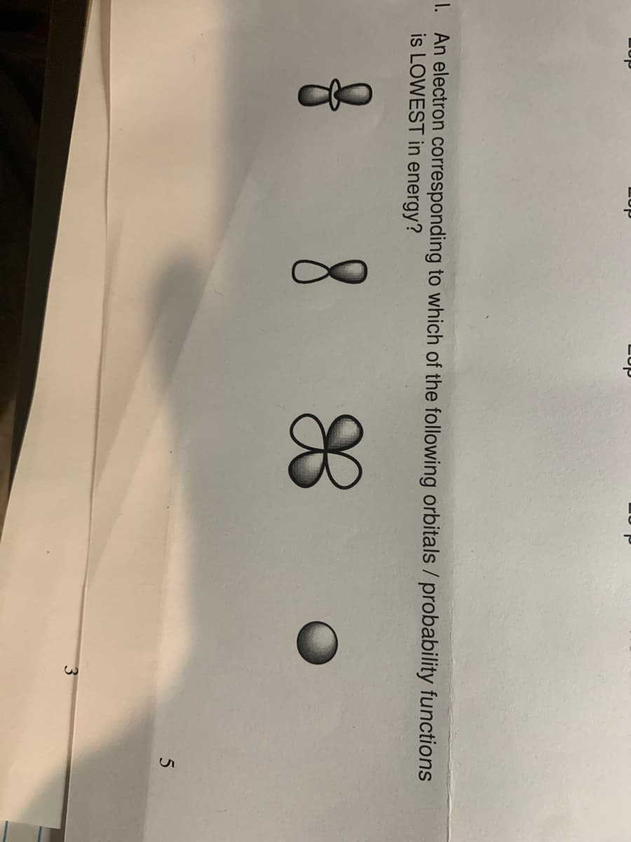 I. An electron corresponding to which of the following orbitals /probability functions
is LOWEST in energy?
3.
